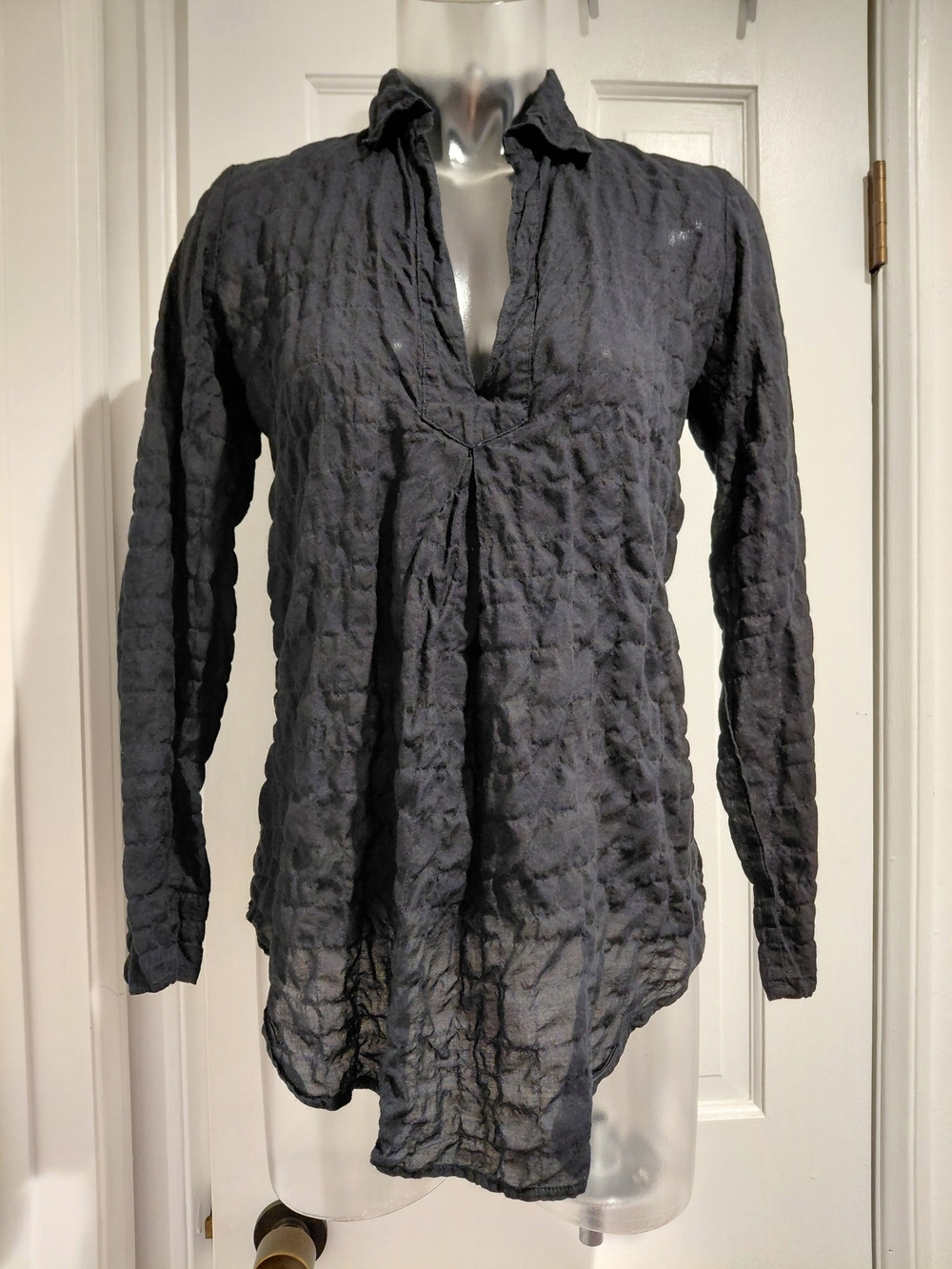 American Colors Cotton Gauze Black Crinkled V-Neck Tunic XS